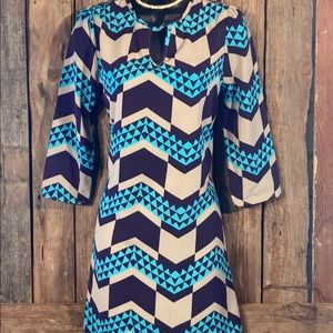 Peace Love California A-line dress retro turquoise size small geometric shapes